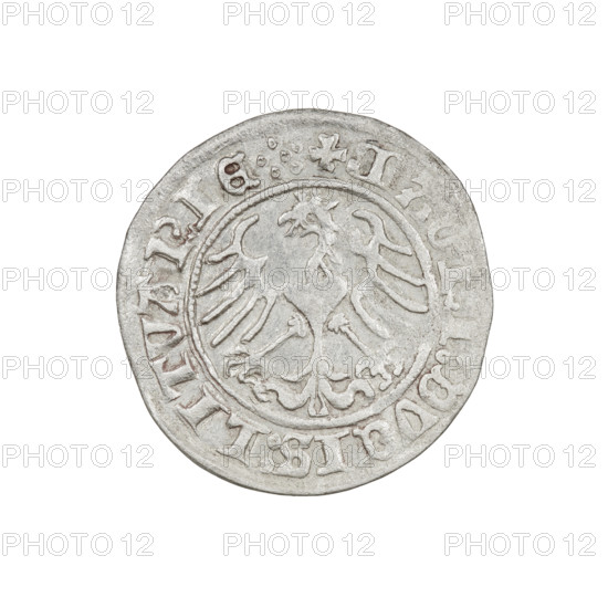 Lithuanian half-grosz, Sigismund I the Old (king of Poland; 1506–1548). Obverse: Pogon (Lithuanian coat of arms) turned left; in the rim between pearl borders an inscription '+ MONETA, ISMVNDI:13'. Reverse: Polish Eagle with a crown; in the rim between pearly borders an inscription '+ :DVCIS:LITVANIE.::.'. Dated 1513. Grand Duchy of Lithuania, Vilnius. Coin; diameter 19.5–20.4 mm; weight 1.13 g.