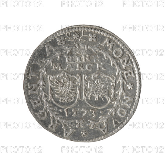 Livonian mark (fine), Chodkiewicz, Jan Hieronimowicz (ca. 1537–1579), (administrator of Livonia); Sigismund II Augustus (king of Poland; 1544–1572), (interregnum); Iberfeld, Walentyn (fl. 1572–1573), publisher; Hincza, Jakub (fl. 1572–1573), publisher. Gryf with a Sword (coat of arms; Inflanty), coats of arms, griffins; Jagiellons (dynasty); Polish coin. Inscriptions, escutcheons: Eagle (coat of arms), Pogon (coat of arms). Obverse: below the inscription: EINE/MARCK and two escutcheons with the Eagle and Pogon; below the year: .1573; in the rim an inscription: .MONE.NOVA.ARGENTEA. Reverse: a griffin with a raised sword turned to the left, separating the inscription in the rim: . - DVCATVS..LIVONIAE, 1573. Inflanty (Kirchholm), Dahlholm; coin.