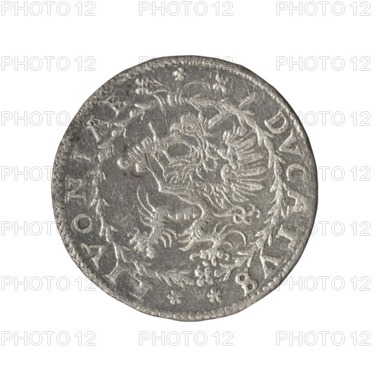 Livonian mark (fine), Chodkiewicz, Jan Hieronimowicz (ca. 1537-1579), (administrator of Livonia), Sigismund II Augustus (king of Poland; 1544-1572), (interregnum), Iberfeld, Walentyn (fl. 1572-1573), publisher, Hincza, Jakub (fl. 1572-1573), publisher, Gryf with a Sword (coat of arms; Inflanty), coats of arms, griffins, Jagiellons (dynasty), Polish coins, coats of arms, inscriptions, escutcheons, Eagle (coat of arms), Pogon (coat of arms). Obv. below the inscription: EINE MARCK, two escutcheons with the Eagle and Pogon; below the year: 1573; in the rim an inscription: MONE NOVA ARGENTEA. Rev. A griffin with a raised sword turned to the left, separating the inscription in the rim: DVCATVS LIVONIAE, 1573, Inflanty (Kirchholm).
