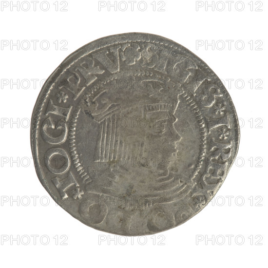 Gdansk grosz, Sigismund I the Old (King of Poland; 1506–1548). Polish coin, Jagiellon dynasty. Obverse: Crowned male bust in profile facing right; inscription in rim between pearl-shaped borders: IS.I.REX. TOCI.PRV. Reverse: Coat of arms of Gdansk; inscription in rim between pearl-shaped borders: OSSVS.CIVI.DANCZ. 1533. Poland, Gdansk.