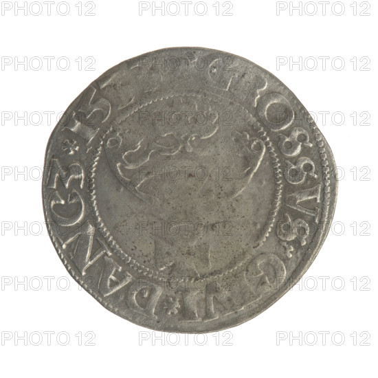 Gdansk grosz, Sigismund I the Old (King of Poland; 1506–1548). Polish coin (1533). Obverse: Crowned male bust in profile facing right; rim with pearl-shaped borders and inscription 'IS I REX TOCI PRV' (as transcribed). Reverse: Coat of arms of Gdansk; rim with pearl-shaped borders and inscription 'OSSVS CIVI DANCZ 15'. Material: coin; place: Gdansk, Poland.