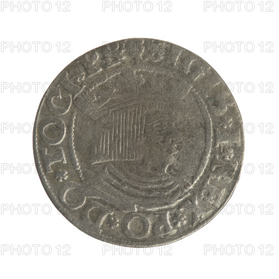 Gdansk grosz, Sigismund I the Old (King of Poland; 1506–1548); Polish coin, Jagiellon dynasty. Obverse: Crowned male bust in profile turned to the right; in the rim between pearl-shaped borders an inscription: .SIGIS.I.REX.PO.DO.TOCI.PR. Reverse: Coat of arms of Gdansk; in the rim between pearl-shaped borders an inscription: .GROSSVS.CIVI.DANCZ.1533. Date: 1533. Place: Gdansk, Poland.