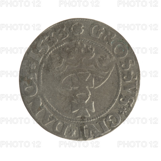 Gdansk grosz, Sigismund I the Old (King of Poland; 1506–1548). Silver coin (grosz), 1533. Obverse: Crowned male royal bust in profile to the right, rim with pearl-shaped borders and inscription '.SIGIS.I.REX.PO.DO.TOCI.PR'. Reverse: Coat of arms of Gdansk, rim with pearl-shaped borders and inscription '.GROSSVS.CIVI.DANCZ.1533'. Polish, Gdansk.