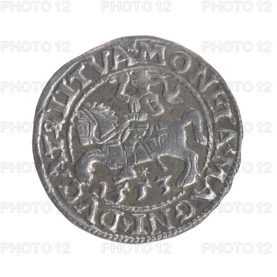 Lithuanian half-grosz, Sigismund II Augustus (King of Poland; 1544–1572). Obverse: Polish eagle; rim inscription between pearly borders: .SIGIS.AVG.REX.PO.MAG.DVX.LI. Reverse: Lithuanian Pogon (coat of arms); below the year 1553; rim inscription between pearly borders: .MONETA.MAGNI.DVCAT9.LITVA. Dated 1553. Grand Duchy of Lithuania, Vilnius. Coin.