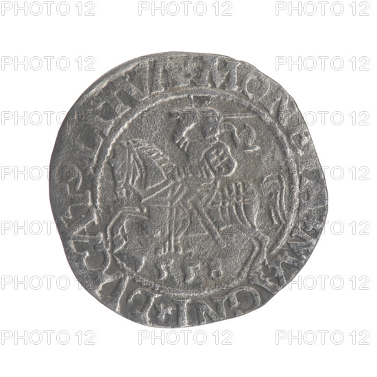 Lithuanian half-grosz, Sigismund II Augustus (King of Poland; 1544–1572). Obverse: Polish Eagle; in the rim between pearly borders the inscription 'SIGIS.AVG., X.PO.MAG.DVX.L'. Reverse: Lithuanian Pogon; below the year '1558'; in the rim between pearly borders the inscription 'MONETA.MAGNI.DVCAT9.LITVA'. 1558. Grand Duchy of Lithuania; Poland; silver coin; Vilnius.