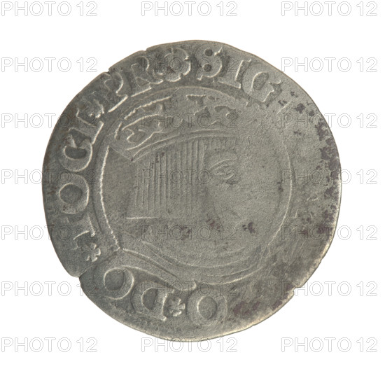 Gdansk grosz, Sigismund I the Old (King of Poland; 1506–1548). Polish coin, Jagiellonian dynasty. Obverse: Crowned royal bust in profile facing right; rim between pearly borders with inscription '.SIG, O.DO.TOCI.PR'. Reverse: Coat of arms of Gdansk; rim between pearly borders with inscription '.GROSS, .CIVI.D'. Dated 1534; minted in Gdansk, Poland.