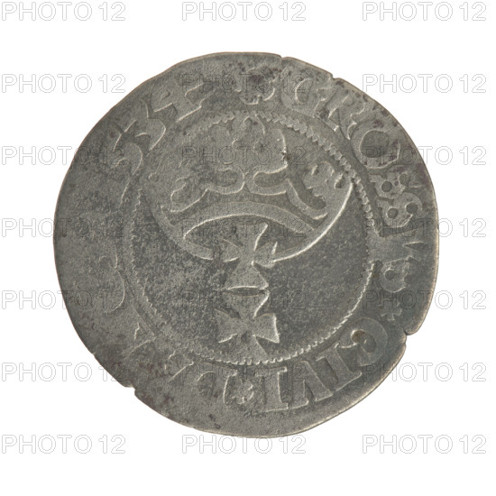 Gdansk grosz, Sigismund I the Old (King of Poland; 1506–1548). Silver coin (grosz). Obverse: Crowned royal bust in profile to the right; rim with pearled borders and inscription “.SIG, O.DO.TOCI.PR”. Reverse: Coat of arms of Gdansk; rim with pearled borders and inscription “.GROSS, .CIVI.D”. Dated 1534. Polish, Gdansk.