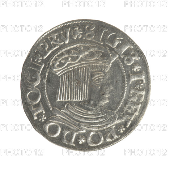 Gdansk grosz, Sigismund I the Old (King of Poland; reign 1506–1548). Polish coin (1534). Obverse: crowned male bust of the king in profile facing right; rim with pearl-shaped borders and inscription: .SIGIS.I.REX.PO.DO.TOCI.PRV. Reverse: coat of arms of Gdansk; rim with pearl-shaped borders and inscription: .GROSSVS.CIVI.DANCZ.1534. Materials: coin; region: Poland, Gdansk.