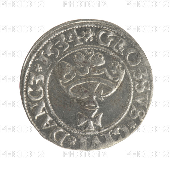 Gdansk grosz, Sigismund I the Old (King of Poland; 1506–1548). Silver coin (1534). Obverse: Crowned male bust of the king in profile facing right; rim inscription between pearl-shaped borders: .SIGIS.I.REX.PO.DO.TOCI.PRV. Reverse: Coat of arms of Gdansk; rim inscription between pearl-shaped borders: .GROSSVS.CIVI.DANCZ.1534. Poland, Gdansk.