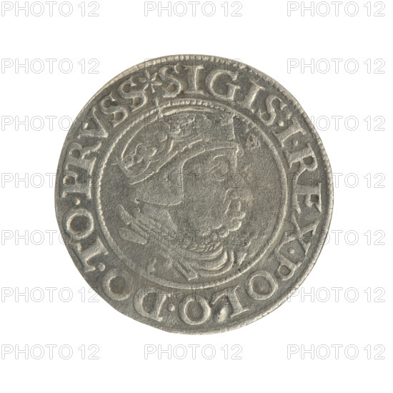 Gdansk grosz, Sigismund I the Old (King of Poland; 1506–1548). Silver coin (grosz), 1538. Obverse: Crowned male bust of Sigismund I in profile facing right; rim inscription between pearly borders: .SIGIS.I.REX.POLO.DO.TO.PRVSS. Reverse: Coat of arms of Gdansk; rim inscription between pearly borders: .GROSSVS.CIVI.GEDANEN.1538.