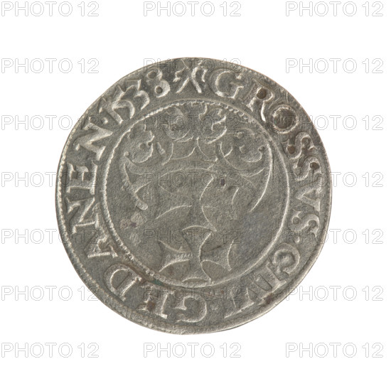 Gdansk grosz, Sigismund I the Old (King of Poland; 1506–1548). Silver coin (1538). Obverse: Crowned male bust in profile turned to the right; in the rim between pearly borders an inscription: .SIGIS.I.REX.POLO.DO.TO.PRVSS. Reverse: Coat of arms of Gdansk; in the rim between pearly borders an inscription: .GROSSVS.CIVI.GEDANEN.1538. Style: Jagiellon-era Polish coinage; iconography: royal busts, city coat of arms.