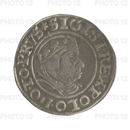 Gdansk grosz, Sigismund I the Old (King of Poland; 1506–1548). Silver coin (grosz). Obverse: Crowned male bust in profile turned to the right; in the rim between pearl-shaped borders an inscription: .SIGIS.I.REX.POLO.DO.TO.PRVS. Reverse: Coat of arms of Gdansk; in the rim between pearl-shaped borders an inscription: .GROSSVS.CIVI.GEDANEN.1539. Date: 1539. Place: Gdansk, Poland. Subjects/styles: royal bust, city coat of arms; Jagiellon dynasty iconography.