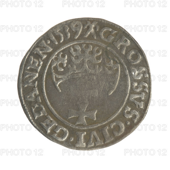 Gdansk grosz, Sigismund I the Old (King of Poland; 1506–1548). Polish coin, Jagiellon dynasty. Obverse: Crowned male royal bust in profile turned right; rim between pearl-shaped borders with inscription: .SIGIS.I.REX.POLO.DO.TO.PRVS. Reverse: Coat of arms of Gdansk; rim between pearl-shaped borders with inscription: .GROSSVS.CIVI.GEDANEN.1539. Dated 1539. Poland, Gdansk.