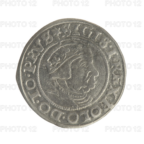 Gdansk grosz, Sigismund I the Old (King of Poland; 1506–1548), Polish coin, Jagiellon dynasty. Obverse: Crowned male bust in profile turned to the right; in the rim between pearl-shaped borders an inscription: .SIGIS.I.REX.POLO.DO.TO.PRVS. Reverse: Coat of arms of Gdansk; in the rim between pearl-shaped borders an inscription: .GROSSVS.CIVI.GEDANEN.1539. Date: 1539. Location depicted: Gdansk, Poland.