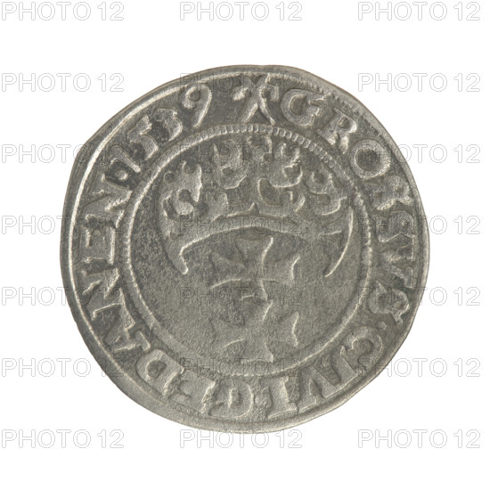 Gdansk grosz, Sigismund I the Old (King of Poland; 1506–1548). Polish coin, Jagiellon dynasty. Obverse: Crowned male royal bust in profile facing right; rim between pearl-shaped borders with inscription '.SIGIS.I.REX.POLO.DO.TO.PRVS'. Reverse: Coat of arms of Gdansk; rim between pearl-shaped borders with inscription '.GROSSVS.CIVI.GEDANEN.1539'. Dated 1539. Poland, Gdansk.