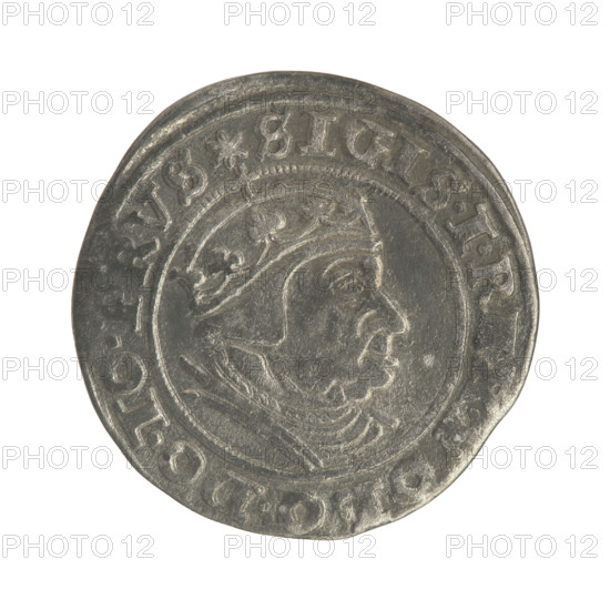 Gdansk grosz, Sigismund I the Old (King of Poland; 1506–1548). Silver coin (1540). Obverse: Crowned male bust in profile turned right; rim inscription between pearl-shaped borders: .SIGIS.IR, OLO.DO.TO.PRVS. Reverse: Coat of arms of Gdansk; rim inscription between pearl-shaped borders: .GROSSVS.CIVI.GEDANEN.1540. Poland, Gdansk.