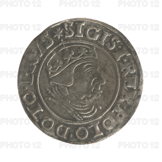 Gdansk grosz, Sigismund I the Old (King of Poland; 1506–1548). Polish coin of the Jagiellon dynasty. Obverse: Crowned royal male bust in profile turned right; in rim between pearl-shaped borders an inscription: .SIGIS.I.REX.POLO.DO.TO.PRVS. Reverse: Coat of arms of Gdansk; in rim between pearl-shaped borders an inscription: .GROSSVS.CIVI., ANEN.1539. Dated 1539. Gdansk, Poland.