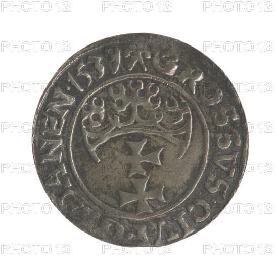 Gdansk grosz, Sigismund I the Old (King of Poland; 1506–1548). Silver coin, 1539. Obverse: Crowned male bust in profile turned to the right; in the rim between pearl-shaped borders an inscription: .SIGIS.I.REX.POLO.DO.TO.PRVS. Reverse: Coat of arms of Gdansk; in the rim between pearl-shaped borders an inscription: .GROSSVS.CIVI., ANEN.1539. Subjects: Jagiellon dynasty, royal/male bust iconography, city coat of arms. Location: Gdansk, Poland.