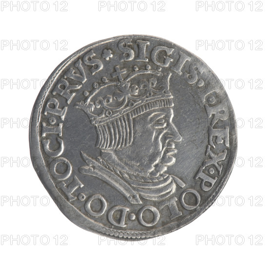 Gdansk trojak, Sigismund I the Old (King of Poland; 1506–1548). Obverse: crowned male bust in profile turned to the right, inscription in the rim: .SIGIS.I.REX.POLO.DO.TOCI.PRVS. Reverse: inscription in five lines in the rim, date separated by a shield with the coat of arms of Gdansk: .III./.GROSS:AR./TRIP:CIVI:/DANNCZK/.15 - 36. 1536. Gdansk, Poland. Coin.