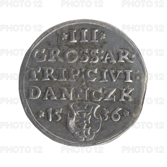 Gdansk trojak, Sigismund I the Old (King of Poland ; 1506-1548), Sigismund I the Old (King of Poland ; 1467-1548) - iconography, Polish coins, male busts, Gdansk (coat of arms), Gdansk (Pomeranian Voivodeship), Jagiellonians (dynasty), royal bust (iconographic), city coats of arms. Obv.: Crowned male bust in profile turned to the right, inscription in the rim: .SIGIS.I.REX.POLO.DO.TOCI.PRVS. Rev.: Inscription in five lines in the rim, date separated by a shield with the coat of arms of Gdansk: .III./.GROSS:AR./TRIP:CIVI:/DANNCZK/.15 - 36., 1536. Gdansk, Poland, coin