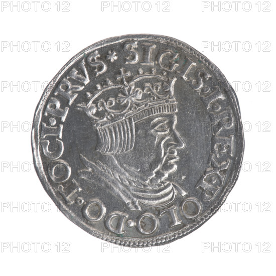 Gdansk trojak, Sigismund I the Old (King of Poland; 1506–1548). Obverse: crowned male bust in profile turned to the right, inscription in the rim: .SIGIS.I.REX.POLO.DO.TOCI.PRVS. Reverse: inscription in five lines in the rim, date separated by a shield with the coat of arms of Gdansk: .III./.GROS:AR./TRIP, IVI:/DANNCZK/.15 - 36., 1536. Silver coin; Gdansk, Poland. Subjects/iconography: Polish coins, male busts, Gdansk (coat of arms), Jagiellonians (dynasty), royal bust (iconographic), city coats of arms.