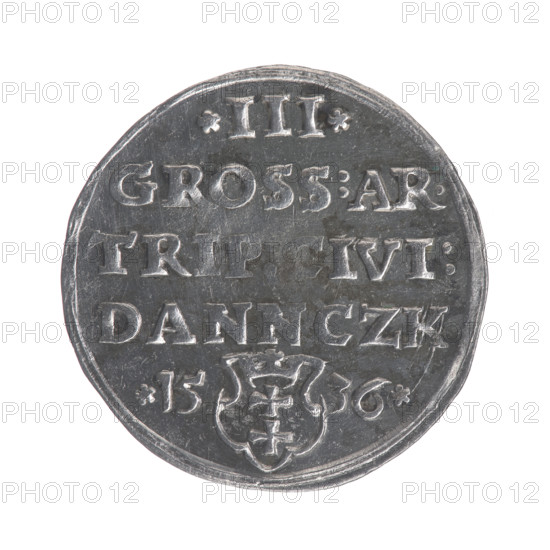 Gdansk trojak, Sigismund I the Old (King of Poland; 1506–1548). Obverse: Crowned male bust in profile turned to the right, inscription in the rim: .SIGIS.I.REX.POLO.DO.TOCI.PRVS. Reverse: Inscription in five lines in the rim, date separated by a shield with the coat of arms of Gdansk: .III./.GROS:AR./TRIP, IVI:/DANNCZK/.15 - 36., 1536. Silver coin (trojak), Gdansk, Poland; iconography includes Polish coins, male busts, city coat of arms, and royal bust (Jagiellonian dynasty).