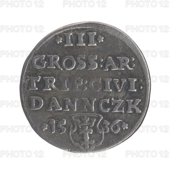 Gdansk trojak, Sigismund I the Old (King of Poland; 1506–1548), Polish coin from Gdansk (Pomeranian Voivodeship). Obverse: Crowned male bust in profile turned right, inscription around the rim: .SIGIS.I.REX.POLO.DO.TOCI.PRVS. Reverse: Inscription in five lines around the rim, date separated by a shield with the coat of arms of Gdansk: .III./.GROSS:AR:/TRIP:CIVI:/DANNCZK/.15 - 36. 1536. Motifs: Gdansk coat of arms, male/royal bust, Jagiellonian dynasty iconography. Coin, Poland.