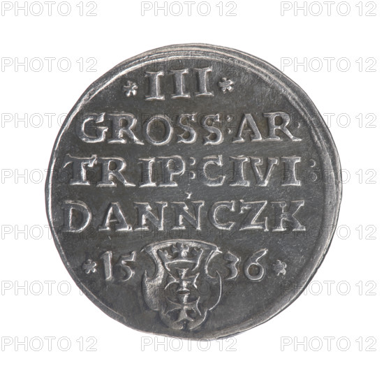 Gdansk trojak, Sigismund I the Old (King of Poland; 1506–1548). Iconography: male busts; royal bust (iconographic). Obverse: crowned male bust in profile turned to the right, inscription around the rim: .SIGIS.I.REX.POLO.DO.TOCI.PRVSS. Reverse: inscription in five lines around the rim, date separated by a shield with the coat of arms of Gdansk: .III./.GROSS:AR./TRIP:CIVI:/DANNCZK/.15 - 36. Date: 1536. Place: Gdansk, Poland. Coin. Jagiellonians (dynasty).