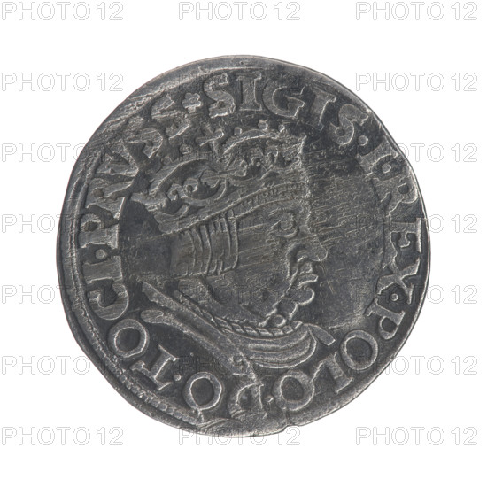 Gdansk trojak, Sigismund I the Old (King of Poland; 1506–1548); Polish coin dated 1536. Obverse: Crowned male bust in profile turned to the right, inscription around the rim: .SIGIS.I.REX.POLO.DO.TO.PRVSS. Reverse: Inscription in five lines around the rim, date separated by a shield with the coat of arms of Gdansk: .III./.GROS:AR./TRIP:CIVI:/DANNCZK/.15 - 36. Features city coat of arms and royal bust; Jagiellonian dynasty; minted in Gdansk, Pomeranian Voivodeship, Poland.