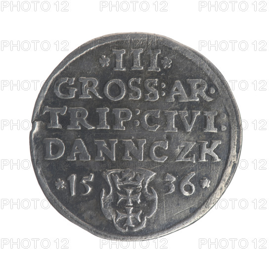 Gdansk trojak, Sigismund I the Old (King of Poland; 1506–1548). Obverse: Crowned male bust in profile turned to the right, inscription around the rim: .SIGIS.I.REX.POLO.DO.TO.PRVSS. Reverse: Inscription in five lines around the rim, date separated by a shield with the coat of arms of Gdansk: .III./.GROS:AR./TRIP:CIVI:/DANNCZK/.15 - 36. 1536. Coin; city coat of arms present; Jagiellonian dynasty; royal bust iconography.