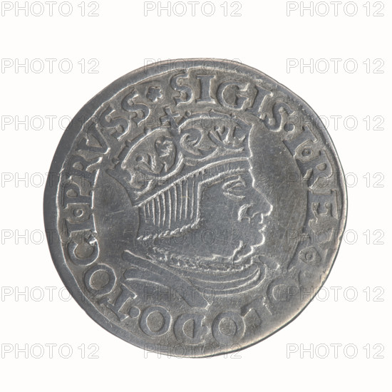 Gdansk trojak, Sigismund I the Old (King of Poland; 1506–1548), Polish coin; male busts; Sigismund I the Old (King of Poland; 1467–1548) — iconography; Gdansk (coat of arms); Jagiellonians (dynasty); royal bust (iconographic); city coats of arms. Obverse: Crowned male bust in profile facing right, inscription around rim: .SIGIS.I.REX.POLO.DO.TOCI.PRVSS. Reverse: Inscription in five lines around the rim, date separated by a shield with the coat of arms of Gdansk: .III./.GROS:AR:/TRIP:CIVI:/DANNCZK/.15 - 36. Date: 1536. Place: Gdansk, Poland. Type: coin.