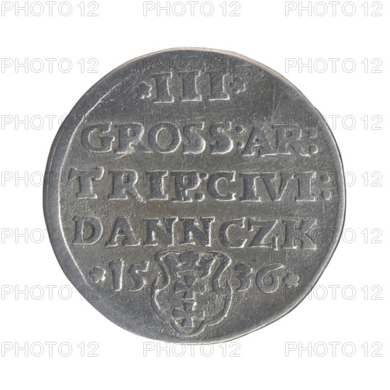 Gdansk trojak; Sigismund I the Old (King of Poland, 1506–1548); Polish coin; male busts; Sigismund I the Old (1467–1548) — iconography; Gdansk (Pomeranian Voivodeship); Gdansk (coat of arms); Jagiellonians (dynasty); royal bust (iconographic); city coats of arms. Obverse: crowned male bust in profile facing right, inscription around rim: .SIGIS.I.REX.POLO.DO.TOCI.PRVSS. Reverse: inscription in five lines around the rim, date separated by a shield with the coat of arms of Gdansk: .III./.GROS:AR:/TRIP:CIVI:/DANNCZK/.15 - 36. Date: 1536. Place: Gdansk, Poland. Type: coin.