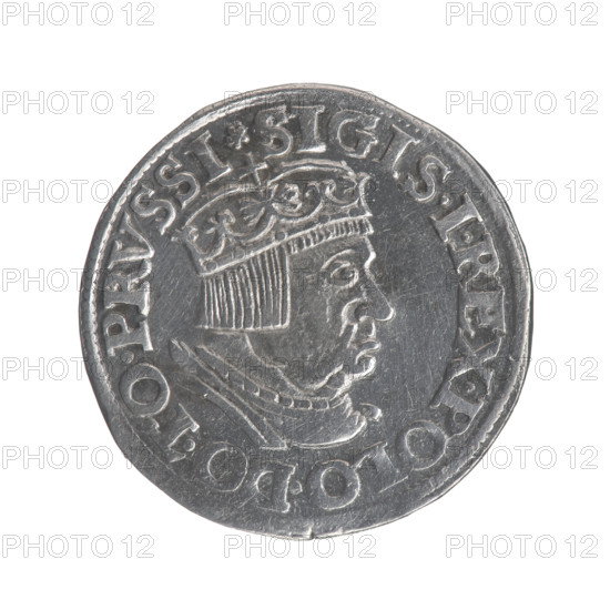 Gdansk trojak, Sigismund I the Old (King of Poland; 1506–1548). Polish coin (1536). Obverse: Crowned male bust in profile turned right, inscription around the rim: .SIGIS.I.REX.POLO.DO.TO.PRVSSI. Reverse: Inscription in five lines around the rim, date separated by a shield with the coat of arms of Gdansk: .III./.GROS:AR./TRIP:CIVI:/DANNCZK/.15 - 36. Iconography: male busts, royal bust (iconographic), city coat of arms; dynasty: Jagiellonians. Gdansk (Pomeranian Voivodeship), Poland.