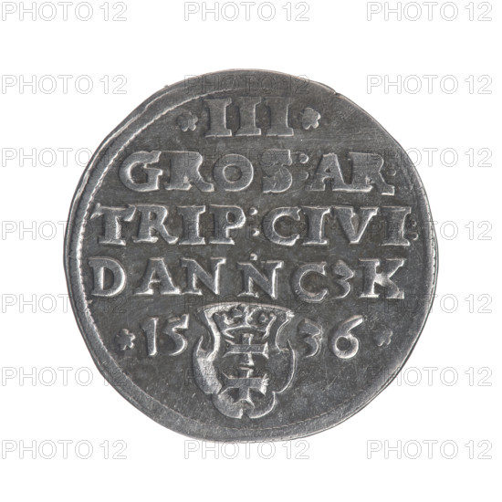 Gdansk trojak, Sigismund I the Old (King of Poland; 1506–1548). Polish coin — obverse: crowned male bust in profile turned right, inscription around the rim: .SIGIS.I.REX.POLO.DO.TO.PRVSSI. Reverse: inscription in five lines around the rim, date separated by a shield with the coat of arms of Gdansk: .III./.GROS:AR./TRIP:CIVI:/DANNCZK/.15 - 36. 1536. Jagiellonian dynasty; city coat of arms; royal bust (iconographic). Gdansk (Pomeranian Voivodeship), Poland.