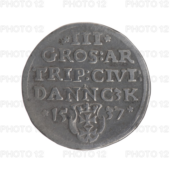 Gdansk trojak, Sigismund I the Old (King of Poland; 1506–1548), iconography: Polish coin with crowned male royal bust in profile turned to the right; obverse inscription in rim: .SIGIS.I.REX.POLO.DO.TO.PRVS. Reverse: inscription in five lines in the rim with date separated by a shield bearing the coat of arms of Gdansk: .III./GROS:AR/TRIP:CIVI:/DANNCZK/.15 - 37. 1537. Gdansk, Poland.