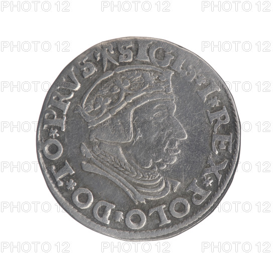 Gdansk trojak, Sigismund I the Old (King of Poland; 1506–1548), male busts, Polish coin; royal bust (iconographic), city coats of arms. Obv.: Crowned male bust in profile turned to the right, inscription around the rim: .SIGIS.I.REX.POLO.DO.TO.PRVS. Rev.: Inscription in five lines around the rim, date separated by a shield with the coat of arms of Gdansk: .III./GROSS:AR./TRIP:CIVI,/GEDANEN/.15-37. Date: 1537. Place: Gdansk, Poland. Materials/function: coin.