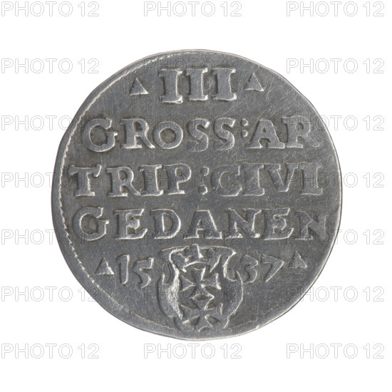 Gdansk trojak, Sigismund I the Old (King of Poland; 1506–1548), iconography, Polish coins, male busts, Gdansk (Pomeranian Voivodeship), Gdansk (coat of arms), Jagiellonians (dynasty), royal bust (iconographic), city coats of arms. Obv.: Crowned male bust in profile turned to the right, inscription around the rim: .SIGIS.I.REX.POLO.DO.TO.PRVS. Rev.: Inscription in five lines around the rim, date separated by a shield with the coat of arms of Gdansk: .III./GROSS:AR./TRIP:CIVI,/GEDANEN/.15 - 37., 1537. Gdansk, Poland. Coin.