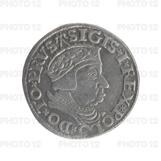 Gdansk troika, Sigismund I the Old (King of Poland; 1506–1548), Sigismund I the Old (King of Poland; 1467–1548) - iconography, Sobanski, Kazimierz (1859–1909), Polish coins, male busts, Gdansk (Pomeranian Voivodeship), Gdansk (coat of arms), Jagiellonians (dynasty), royal bust (iconographic), city coats of arms. Obv.: Crowned male bust in profile turned to the right, inscription around the rim: .SIGIS.I.REX.POLO.DO.TO.PRVS. Rev.: Inscription in five lines around the rim, date separated by a shield with the coat of arms of Gdansk: .III./GROS:AR:/TRIP:CIVI:/GEDANEN:/.15-37. 1537. Gdansk, Poland. Coin.