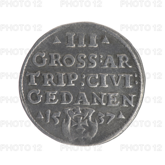 Gdansk troika, Sigismund I the Old (King of Poland; 1506–1548), Sigismund I the Old (King of Poland; 1467–1548) - iconography, Polish coins, male busts, Gdansk (Pomeranian Voivodeship), Gdansk (coat of arms), Jagiellonians (dynasty), royal bust (iconographic), city coats of arms, Obv.: Crowned male bust in profile turned to the right, inscription in the rim: .SIGIS.I.REX, OLO.DO.TO.P, Rev.: Inscription in five lines in the rim, date separated by a shield with Gdansk coat of arms: .III./GROSS:AR/TRIP:CIVI:/GEDANEN/.15 - 37., 1537, Gdansk, Poland, coin
