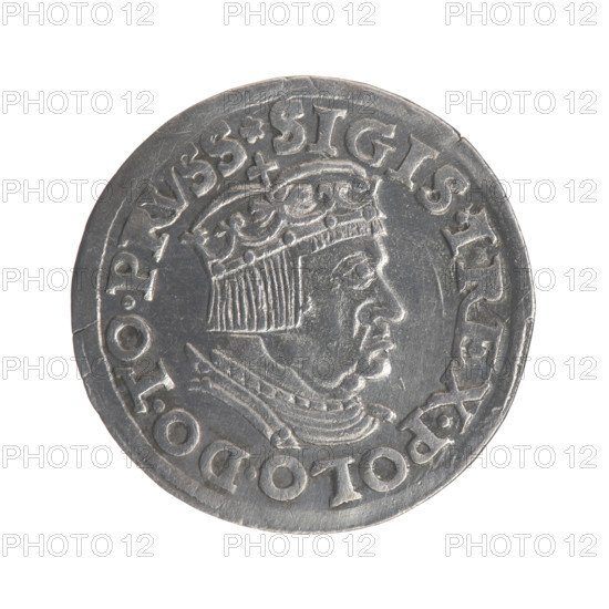 Gdansk trojak, Sigismund I the Old (King of Poland; 1506–1548). Polish coin (trojak), 1537. Obverse: crowned male bust in profile turned right, inscription in the rim: .SIGIS.I.REX.POLO.DO.TO.PRVSS. Reverse: inscription in five lines in the rim, date separated by a shield with the coat of arms of Gdansk: .III./GROS:AR:/TRIP:CIVI/DANNCZK/.15 - 37. Iconography: male busts, royal bust (iconographic), Gdansk (coat of arms), Jagiellonian dynasty. Mint: Gdansk (Pomeranian Voivodeship), Poland.