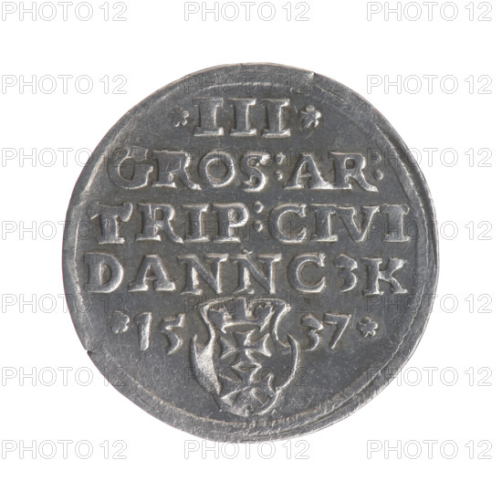 Gdansk trojak, Sigismund I the Old (King of Poland; 1506–1548). Polish coin (trojak), 1537. Obverse: crowned male bust in profile turned right; inscription in the rim: .SIGIS.I.REX.POLO.DO.TO.PRVSS. Reverse: inscription in five lines in the rim, date separated by a shield with the coat of arms of Gdansk: .III./GROS:AR:/TRIP:CIVI/DANNCZK/.15 - 37. Iconography: Sigismund I the Old; royal bust (iconographic); city coat of arms (Gdansk); Jagiellonian dynasty. Produced in Gdansk, Poland.