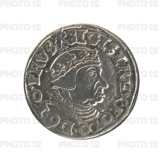 Gdansk trojak, Sigismund I the Old (King of Poland; 1506–1548). Obverse: crowned male bust in profile turned right, inscription around rim: .SIGIS.I.REX.POLO.DO.TO.PRVS. Reverse: inscription in five lines around rim, date separated by a shield with the coat of arms of Gdansk: .III./GROSS:A, /TRIP:CIVI/GEDANEN/.15 - 38. 1538. Polish coin; royal bust; Jagiellonian dynasty; city coat of arms; Gdansk (Pomeranian Voivodeship).