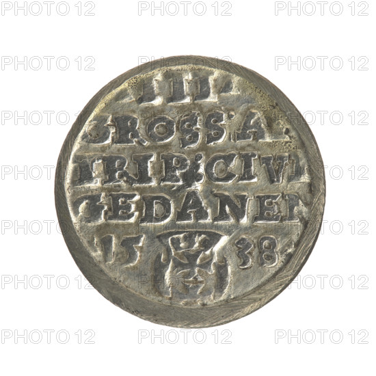 Gdansk trojak, Sigismund I the Old (King of Poland; 1506–1548) — iconography: Polish coin, royal male bust. Obverse: Crowned male bust in profile turned right, inscription around the rim: .SIGIS.I.REX.POLO.DO.TO.PRVS. Reverse: Inscription in five lines around the rim, date separated by a shield with the coat of arms of Gdansk: .III./GROSS:A, /TRIP:CIVI/GEDANEN/.15-38. Date: 1538. Place: Gdansk, Poland.