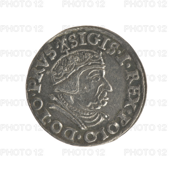 Gdansk troika, Sigismund I the Old (King of Poland; 1506–1548), Sigismund I the Old (King of Poland; 1467–1548) - iconography, Polish coins, male busts, Gdansk (Pomeranian Voivodeship), Gdansk (coat of arms), Jagiellonians (dynasty), city coats of arms, royal bust. Obv.: Crowned male bust in profile turned to the right, inscription around the rim: .SIGIS.I.REX.POLO.DO.TO.PRVS. Rev.: Inscription in five lines around the rim, date separated by a shield with the coat of arms of Gdansk: .III./GROSS.AR/TRIP:CIVI/GEDANEN:/.15 - 38., 1538. Poland, Gdansk, coin