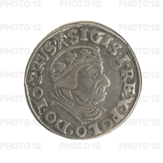 Gdansk trojak, Sigismund I the Old (King of Poland; 1506–1548). Polish coin, 1538. Obverse: Crowned male bust in profile turned right, inscription around the rim: .SIGIS.I.REX.POLO.DO.TO.PRVS. Reverse: Inscription in five lines around the rim, date separated by a shield with the coat of arms of Gdansk: .III./GROSS.AR/TRIP:CIVI./GEDANEN/.15–38. Features: royal bust, male busts, Gdansk (coat of arms), Jagiellonians (dynasty); material: coin; place: Gdansk, Poland.