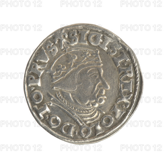 Gdansk trojak, Sigismund I the Old (King of Poland; 1506–1548), iconography, Kazimierz Sobanski (1859–1909), Polish coin; male busts; Gdansk (Pomeranian Voivodeship); Gdansk (coat of arms); Jagiellonians (dynasty); city coats of arms; royal bust. Obv.: Crowned male bust in profile turned to the right, inscription around the rim: .SIGIS.I.REX.POLO.DO.TO.PRVS. Rev.: Inscription in five lines around the rim, date separated by a shield with the coat of arms of Gdansk: .III./GROSS:AR/TRIP:CIVI/GEDANEN/.15 - 38. Date: 1538. Poland, Gdansk, coin.