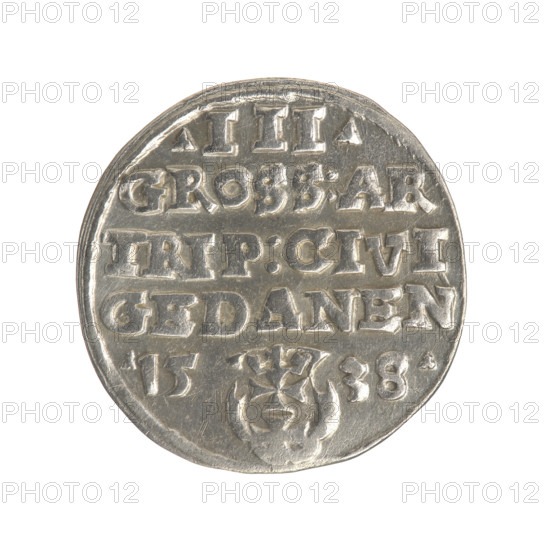 Gdansk trojak, Sigismund I the Old (King of Poland; 1506–1548), Sigismund I the Old (King of Poland; 1467–1548) - iconography, Sobanski, Kazimierz (1859–1909), Polish coins, male busts, Gdansk (Pomeranian Voivodeship), Gdansk (coat of arms), Jagiellonians (dynasty), city coats of arms, royal bust. Obv.: Crowned male bust in profile turned to the right, inscription around the rim: .SIGIS.I.REX.POLO.DO.TO.PRVS. Rev.: Inscription in five lines around the rim, date separated by a shield with the coat of arms of Gdansk: .III./GROSS:AR/TRIP:CIVI/GEDANEN/.15 - 38., 1538. Poland, Gdansk, coin