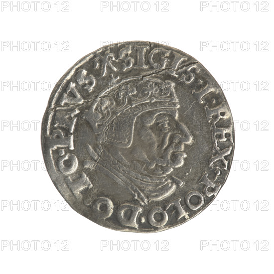 Gdansk trojak, Sigismund I the Old (King of Poland; reign 1506–1548), 1538. Silver coin (trojak). Obverse: Crowned royal bust of Sigismund I in profile facing right, inscription around rim: .SIGIS.I.REX.POLO.DO.TO.PRVS. Reverse: Inscription in five lines around the rim, date separated by a shield bearing the coat of arms of Gdansk: .III./GROSS:AR/TRIP, CIVI/GEDANEN/.15-38. Features: Polish coin, male royal bust, city coat of arms of Gdansk; Jagiellonian dynasty. Location: Gdansk, Poland.