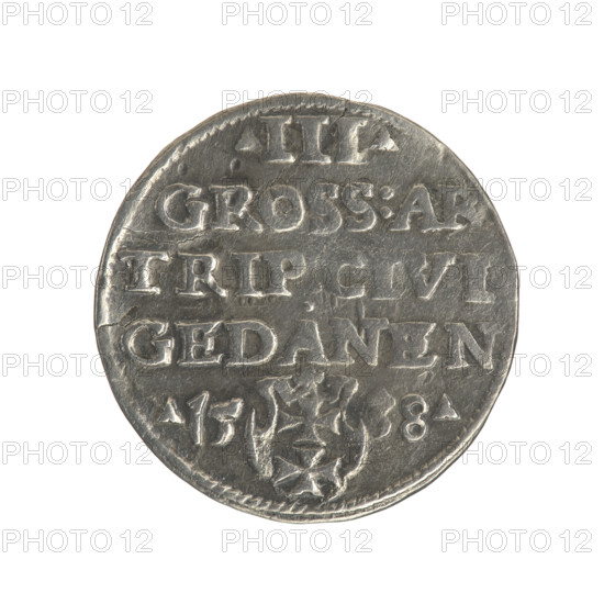 Gdansk trojak, Sigismund I the Old (King of Poland; 1506–1548). Silver coin (trojak), 1538. Obverse: Crowned male bust in profile turned to the right, inscription around the rim: .SIGIS.I.REX.POLO.DO.TO.PRVS. Reverse: Inscription in five lines around the rim, date separated by a shield with the coat of arms of Gdansk: .III./GROSS:AR/TRIP, CIVI/GEDANEN/.15 - 38. Iconography: Polish coin, male bust, Gdansk, Gdansk coat of arms, Jagiellonian dynasty, city coat of arms, royal bust.