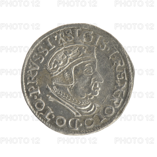 Gdansk troika, Sigismund I the Old (King of Poland; 1506–1548). Obverse: Crowned male bust in profile turned to the right, inscription around the rim: .SIGIS.I.REX.POLO.DO.TO.PRVSSI. Reverse: Inscription in five lines around the rim, date separated by a shield with the coat of arms of Gdansk: .III./GROSS:AR/TRIP:CIVI./GEDANEN:/.15 - 38. — 1538. Polish coin; royal bust; city coat of arms; Jagiellonian dynasty; Gdansk (Pomeranian Voivodeship), Poland.